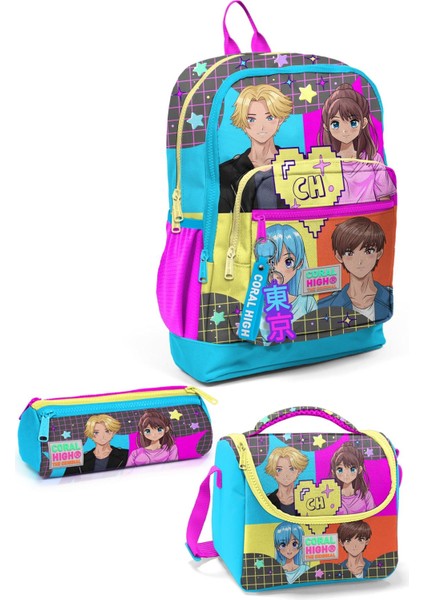 Gri Mavi Pembe Anime Desenli 3’lü Okul Çanta Seti Ilk Öğretim Çanta Seti