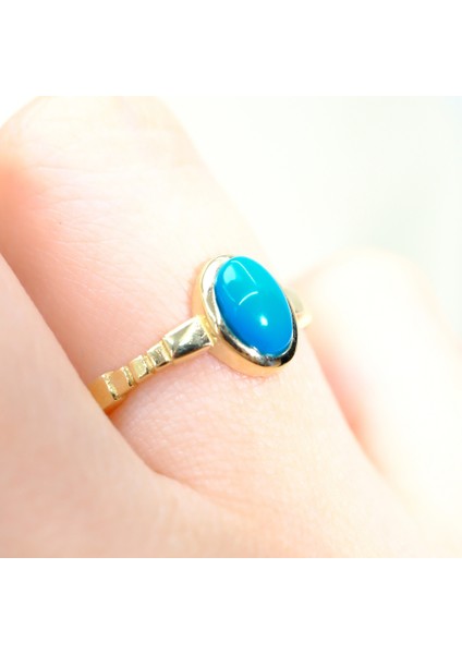 Gümüş Yüzük - Firuze-Turkuaz Taşlı Oval Kesim Boğumlu Modern Tasarım 925 Ayar Gümüş Tektaş Yüzük