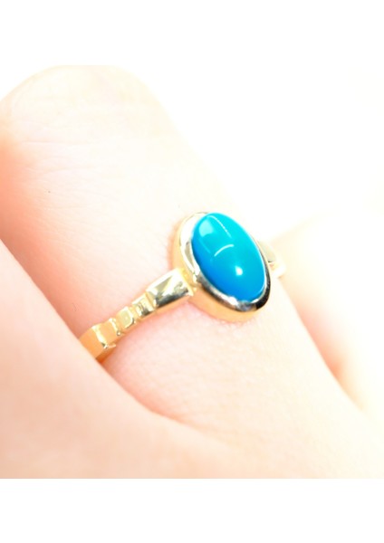 Gümüş Yüzük - Firuze-Turkuaz Taşlı Oval Kesim Boğumlu Modern Tasarım 925 Ayar Gümüş Tektaş Yüzük modelleri
