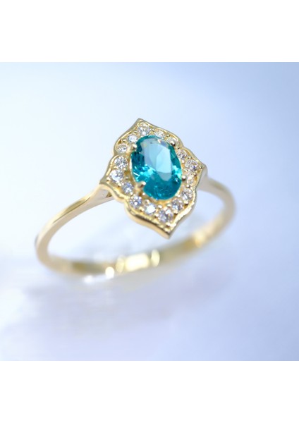 Mavi Topaz Oval Kesim Yan Zirkon Taşlı Modern Tasarım 925 Ayar Gümüş Yüzük Tektaş Günlük-Hediyelik