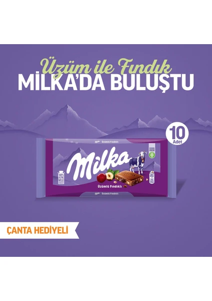 Çanta Hediyeli Milka Üzüm Fındık Tablet Çikolata 80 gr - 10 Adet