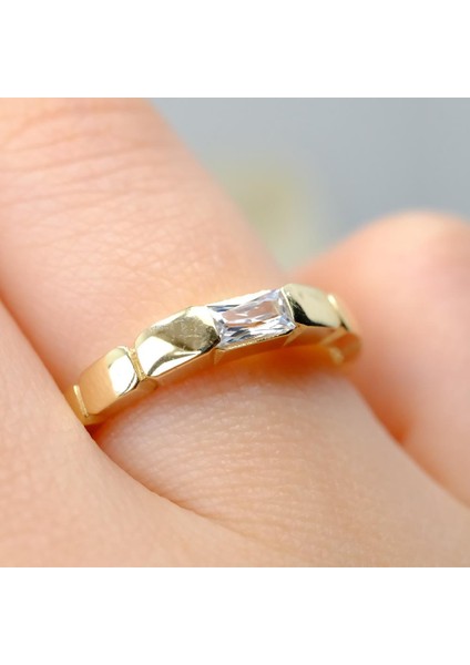 Gümüş Yüzük - Zirkon Baget Taşlı Vintage Modern Tasarım Boğumlu 925 Ayar Gümüş Kadın Yüzük-Hediyelik