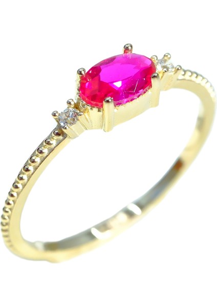 Altın Yüzük - Oval Kesim Yakut Taşı Yan Zirkon Taşlı Modern Tasarım 14 Ayar Altın Yüzük Tektaş Günlük-Hediyelik indirimleri