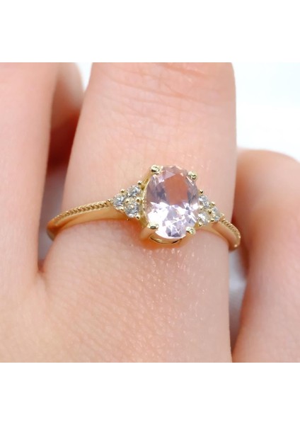 Evlilik Teklifi Altın Yüzük - 14 Ayar Altın Oval Kesim Pembe Safir Tektaş Evlilik Tekliği Yüzüğü