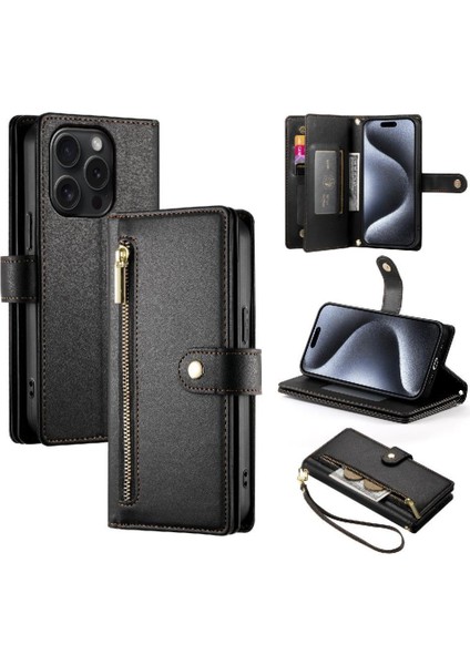 IPhone 15 Için Flip Case Pro Bilek Kayışı Kickstand Çok Fonksiyonlu Kart (Yurt Dışından)