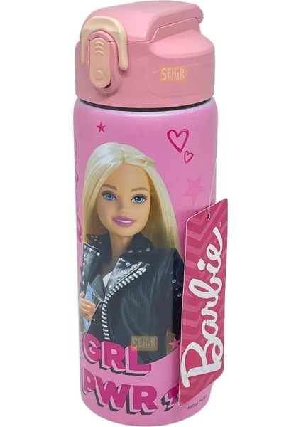 600ML Barbie Lisanslı Pipetli Kilitlenebilir Kapak Paslanmaz Çelik Termos Matara Pembe