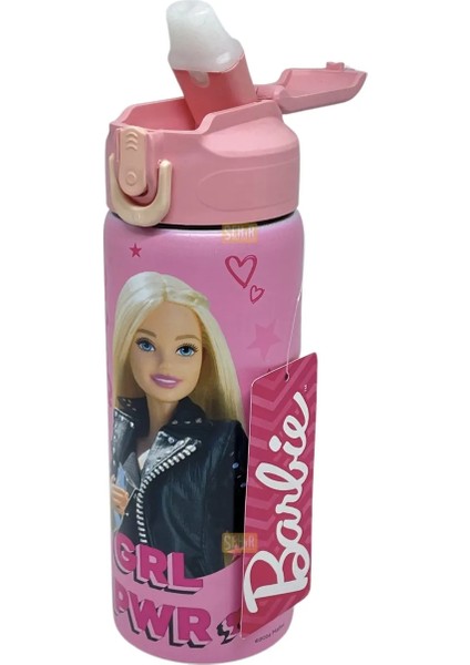 600ML Barbie Lisanslı Pipetli Kilitlenebilir Kapak Paslanmaz Çelik Termos Matara Pembe