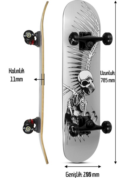 Kemik Teker Kaykay Semi-Pro 8 Katman Yüzey Zımparalı Kaymaz Skateboard 80 cm Kuru Kafa Gri