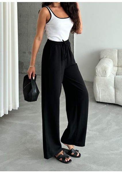 Siyah Beli Lastikli Pamuklu Keten Pantolon fiyatları