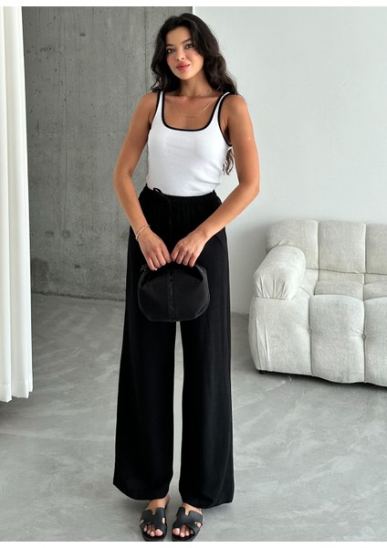 Siyah Beli Lastikli Pamuklu Keten Pantolon modelleri