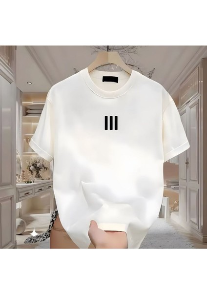 3 Çizgi Baskılı Beyaz Erkek Tshirt