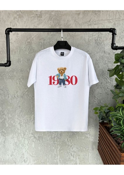 1980 Bear Baskılı Beyaz Erkek Tshirt