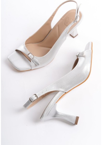 Seashell Gümüş Arkası Açık Topuklu Sandalet Tokalı Kadın Ayakkabı