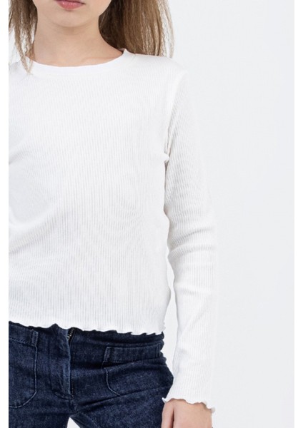 Uzun Kollu Fitilli Etek Ucu ve Kol Ucu Dalgalı Streç Pamuklu Kız Çocuk Body