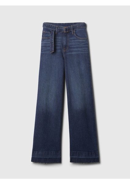 Kadın Lacivert High Rise Stride Belted Wide-Leg Jean Pantolon