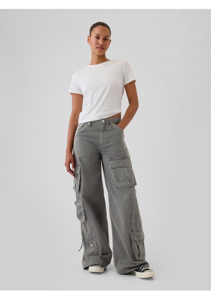 Kadın Gri Mid Rise Relaxed Kargo Pantolon