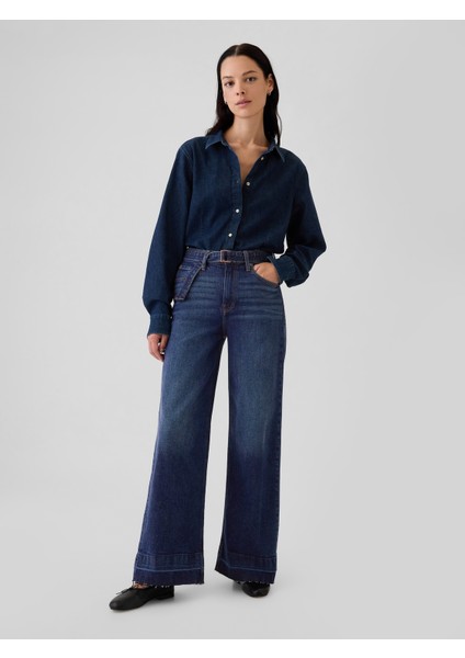 Kadın Lacivert High Rise Stride Belted Wide-Leg Jean Pantolon