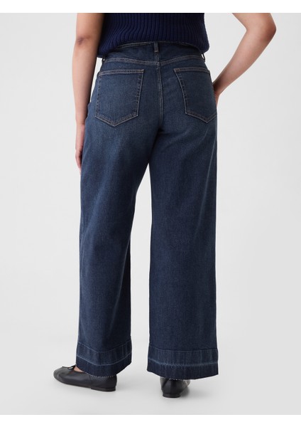 Kadın Lacivert High Rise Stride Belted Wide-Leg Jean Pantolon