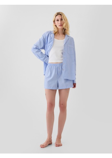 Kadın Mavi Poplin Pijama Boxer Şort
