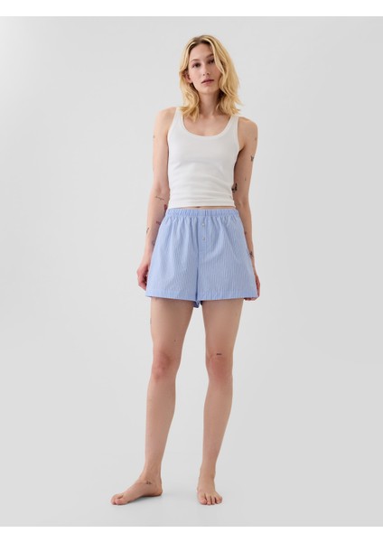 Kadın Mavi Poplin Pijama Boxer Şort