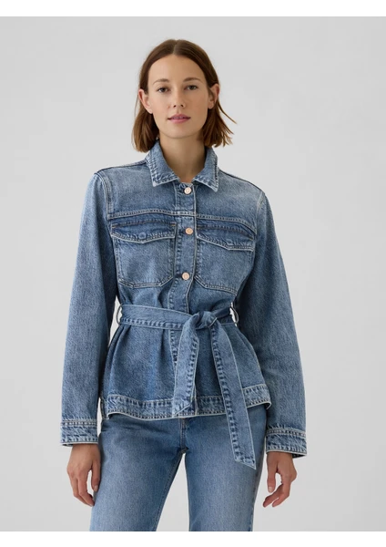 Kadın Mavi Ultrasoft Belted Denim Ceket