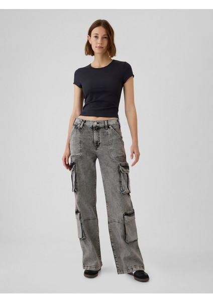 Kadın Siyah Mid Rise Double Cargo '90S Loose Jean Pantolon