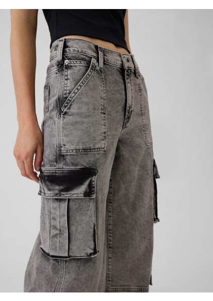 Kadın Siyah Mid Rise Double Cargo '90S Loose Jean Pantolon