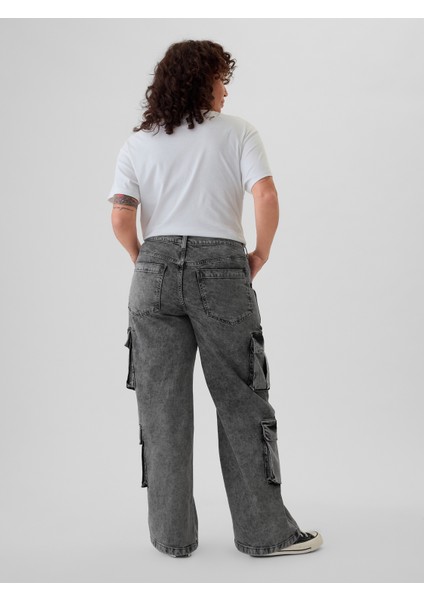 Kadın Siyah Mid Rise Double Cargo '90S Loose Jean Pantolon