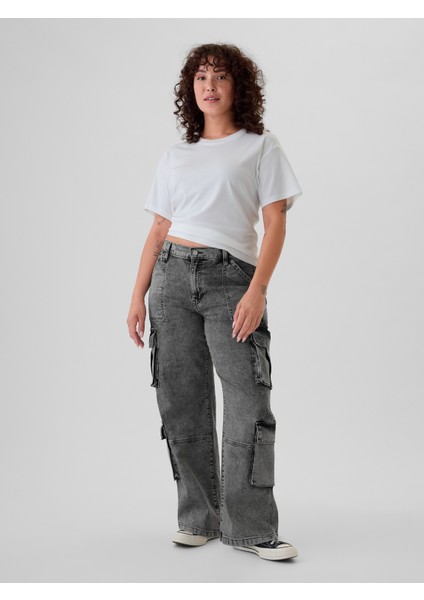 Kadın Siyah Mid Rise Double Cargo '90S Loose Jean Pantolon