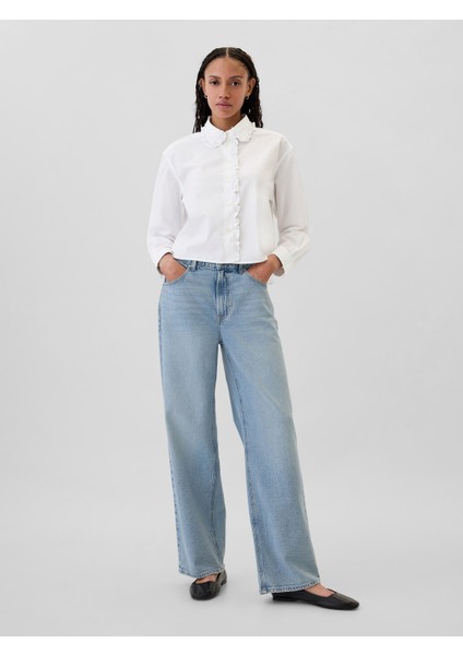 Kadın Beyaz Classic Cropped Poplin Fırfırlı Gömlek