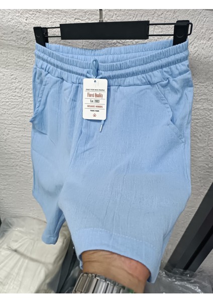 Keten Şort Beli Lastikli %100 Keten Şort