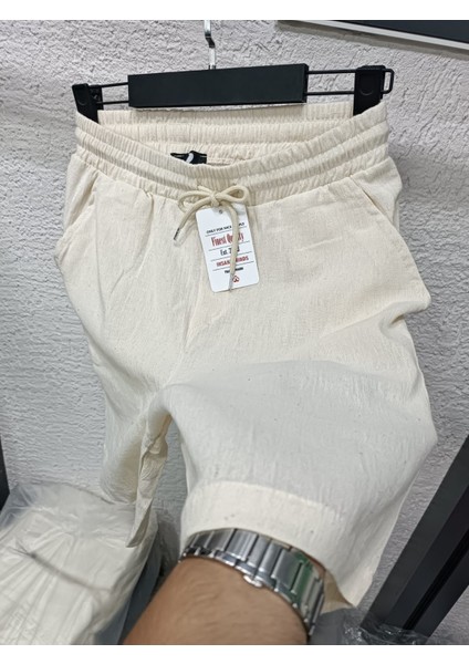 Keten Şort Beli Lastikli %100 Keten Şort