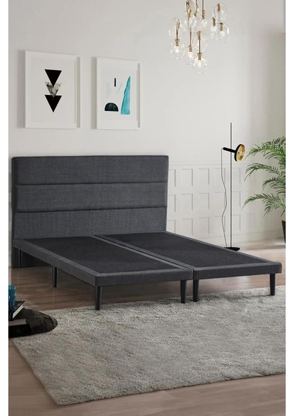 Niron Slim Baza ve Başlık Takımı 200X200 Çift Kişilik Gri Kumaş Kaplı Metal Karyola ve Başlık Seti