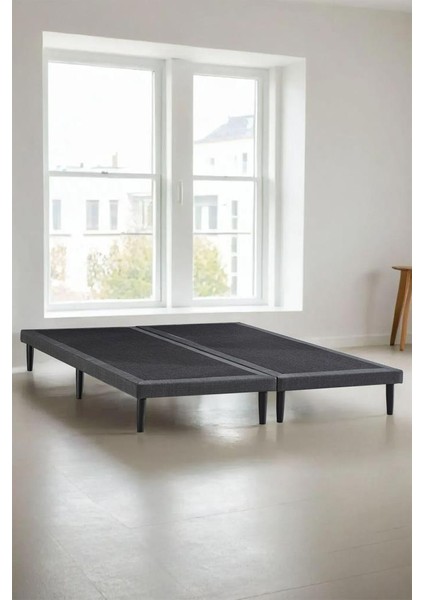 Niron Slim Karyola 150X200 Çift Kişilik Baza, Metal Iskeletli Yüksek Ayaklı Koyu Gri Keten Kumaşlı