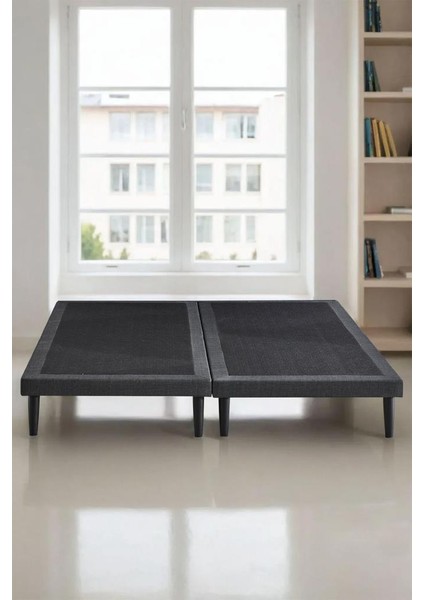 Niron Slim Karyola 150X200 Çift Kişilik Baza, Metal Iskeletli Yüksek Ayaklı Koyu Gri Keten Kumaşlı