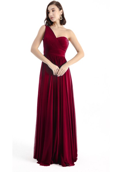 Kadın Bordo Tek Omuz Yırtmaçlı Uzun Abiye Elbise fiyatları