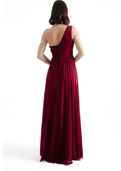 Kadın Bordo Tek Omuz Yırtmaçlı Uzun Abiye Elbise indirimleri