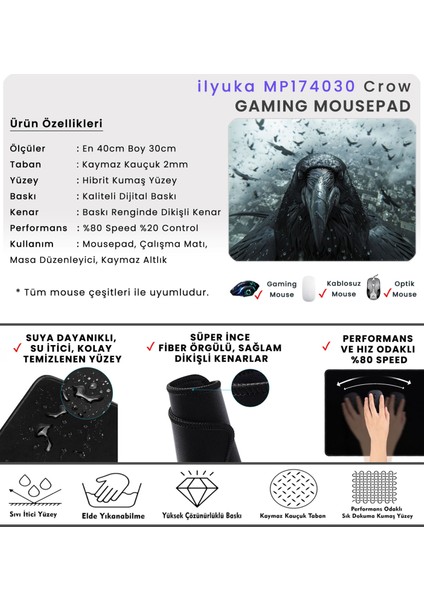 40X30CM Gaming Oyuncu Mousepad Kaymaz Kauçuk Taban Dikişli Kenar Crow MP174030