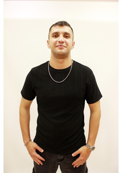 Caz 4161 Kendinden Dokulu Örme Bisiklet Yaka Erkek T-Shirt Siyah