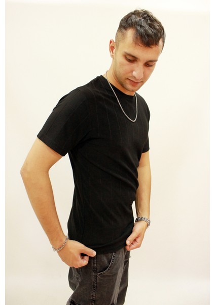Caz 4161 Kendinden Dokulu Örme Bisiklet Yaka Erkek T-Shirt Siyah fiyatları