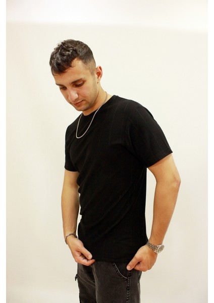 Caz 4161 Kendinden Dokulu Örme Bisiklet Yaka Erkek T-Shirt Siyah modelleri