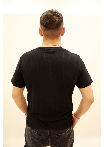 Caz 4161 Kendinden Dokulu Örme Bisiklet Yaka Erkek T-Shirt Siyah indirimleri