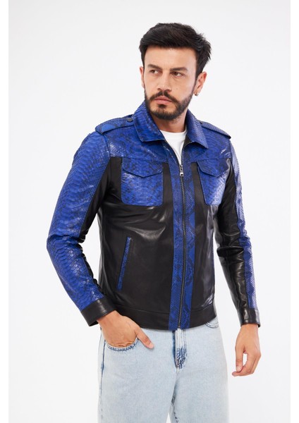 DER737P Hakiki Piton Derisi Erkek Mavi Mont