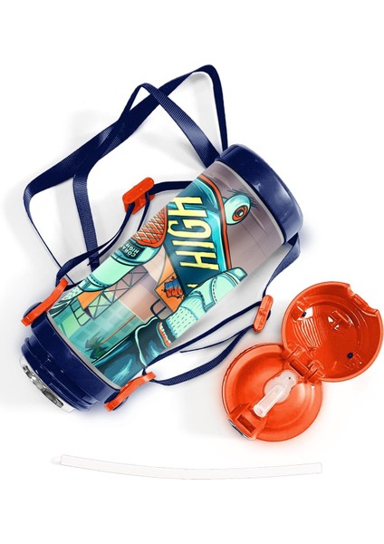 Pipetli Çelik Termos 500 ml Çivit Neon Turuncu Kaykay Desenli