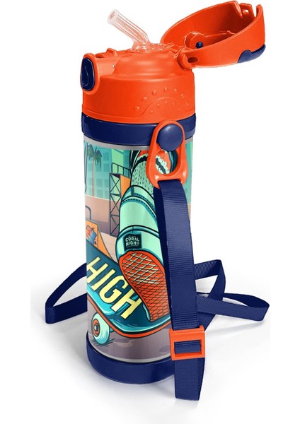 Pipetli Çelik Termos 500 ml Çivit Neon Turuncu Kaykay Desenli modelleri