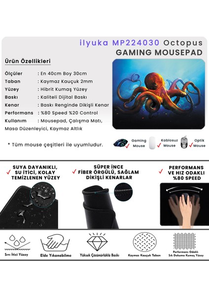 40X30CM Gaming Oyuncu Mousepad Kaymaz Kauçuk Taban Dikişli Kenar Octopus MP224030