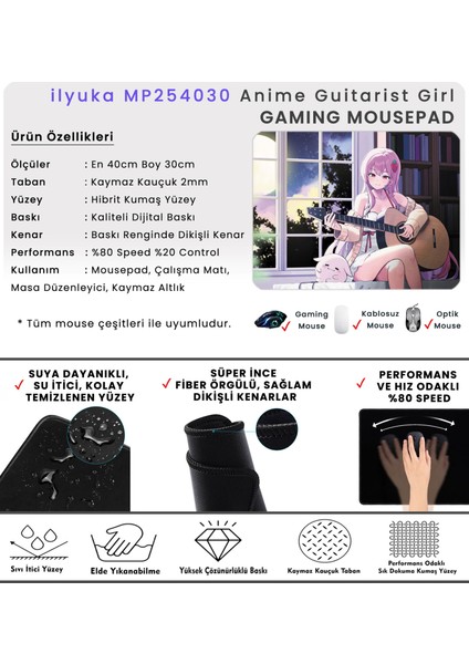 40X30CM Gaming Oyuncu Mousepad Kaymaz Kauçuk Taban Dikişli Kenar Anime Guitarist Girl MP254030