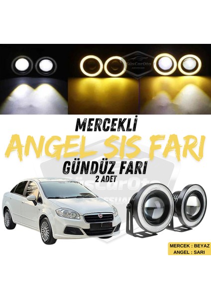 Fiat Linea 2007-2018 Uyumlu Üniversal Mercekli Angel Sis Farı Metal Su Geçirmez 76 mm Sarı Halkalı Gündüz Farı Angel Eyes 2 Adet