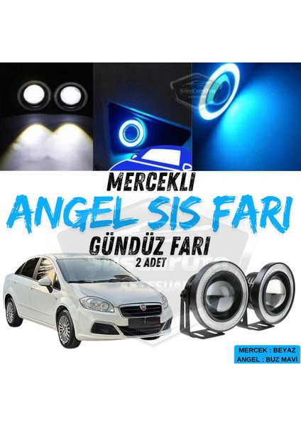 ŞüsCarOto Aksesuar Fiat Linea 2007-2018 Uyumlu Üniversal Mercekli Angel Sis Farı Metal Su Geçirmez 76 mm Buz Mavi Halkalı Gündüz Farı Angel Eyes 2 Adet