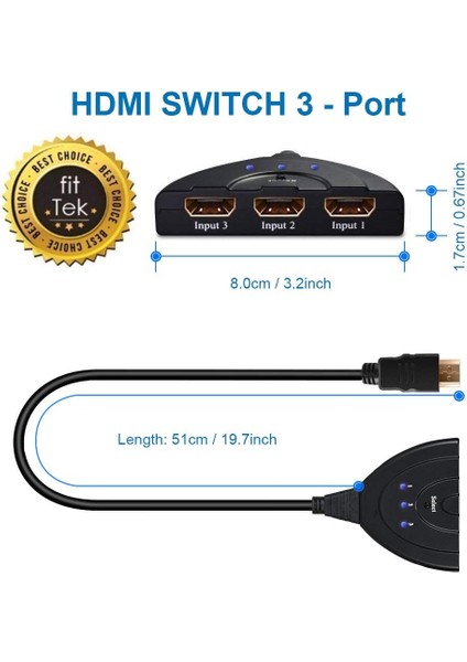 Güncel Çarşı HDMI Toplayıcı Switch 3 In 1 Port 30 cm Kablo, 3 Giriş 1 Çıkış